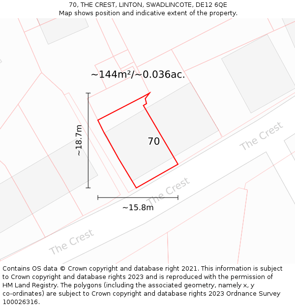 70, THE CREST, LINTON, SWADLINCOTE, DE12 6QE: Plot and title map