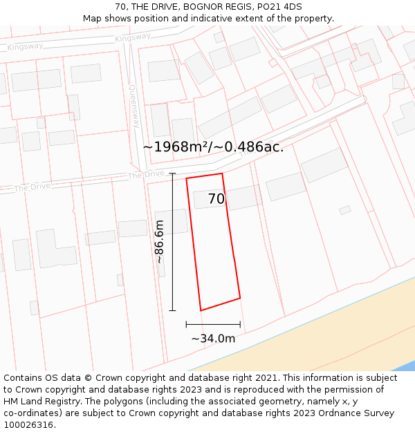 70, THE DRIVE, BOGNOR REGIS, PO21 4DS: Plot and title map