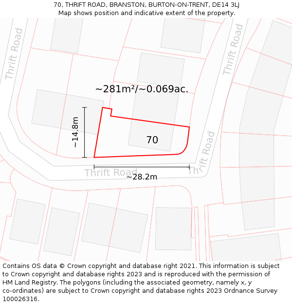 70, THRIFT ROAD, BRANSTON, BURTON-ON-TRENT, DE14 3LJ: Plot and title map