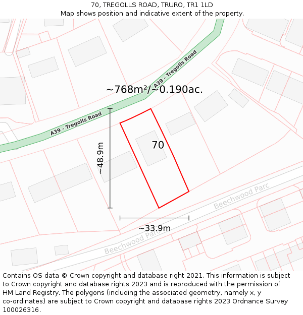 70, TREGOLLS ROAD, TRURO, TR1 1LD: Plot and title map
