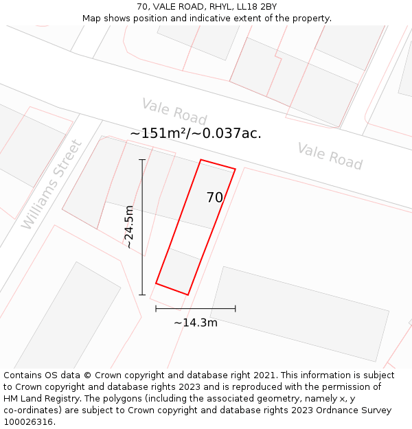 70, VALE ROAD, RHYL, LL18 2BY: Plot and title map