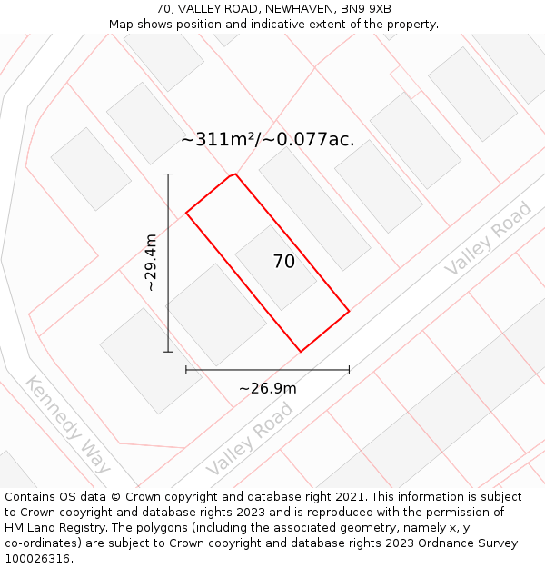 70, VALLEY ROAD, NEWHAVEN, BN9 9XB: Plot and title map