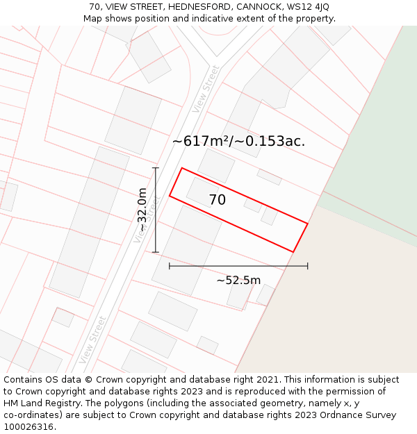 70, VIEW STREET, HEDNESFORD, CANNOCK, WS12 4JQ: Plot and title map