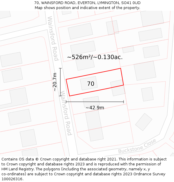 70, WAINSFORD ROAD, EVERTON, LYMINGTON, SO41 0UD: Plot and title map