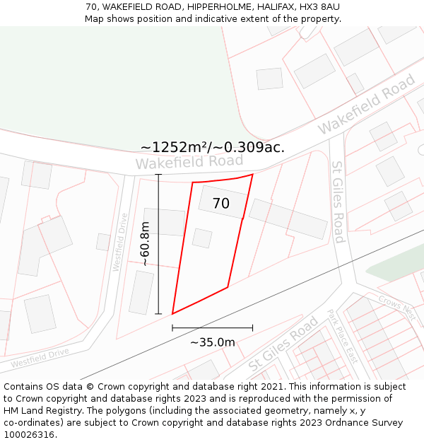 70, WAKEFIELD ROAD, HIPPERHOLME, HALIFAX, HX3 8AU: Plot and title map