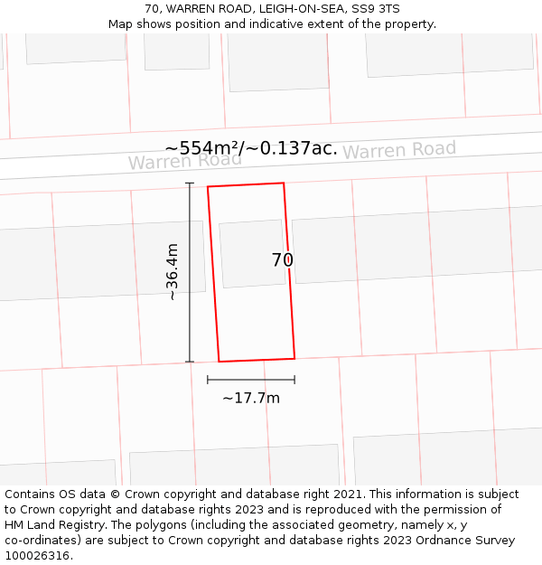 70, WARREN ROAD, LEIGH-ON-SEA, SS9 3TS: Plot and title map