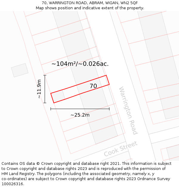 70, WARRINGTON ROAD, ABRAM, WIGAN, WN2 5QF: Plot and title map