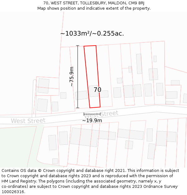 70, WEST STREET, TOLLESBURY, MALDON, CM9 8RJ: Plot and title map