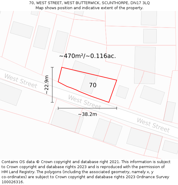 70, WEST STREET, WEST BUTTERWICK, SCUNTHORPE, DN17 3LQ: Plot and title map