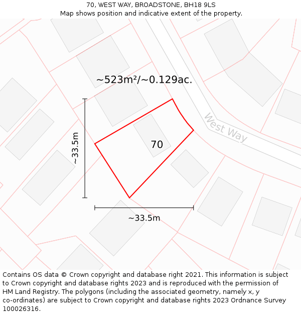 70, WEST WAY, BROADSTONE, BH18 9LS: Plot and title map