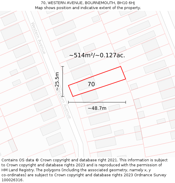 70, WESTERN AVENUE, BOURNEMOUTH, BH10 6HJ: Plot and title map