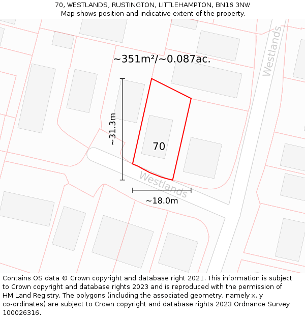 70, WESTLANDS, RUSTINGTON, LITTLEHAMPTON, BN16 3NW: Plot and title map