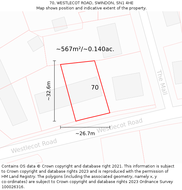 70, WESTLECOT ROAD, SWINDON, SN1 4HE: Plot and title map