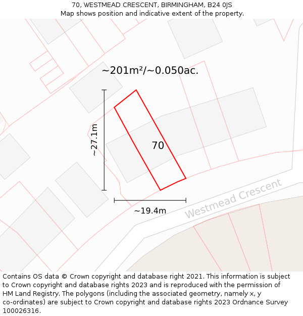 70, WESTMEAD CRESCENT, BIRMINGHAM, B24 0JS: Plot and title map