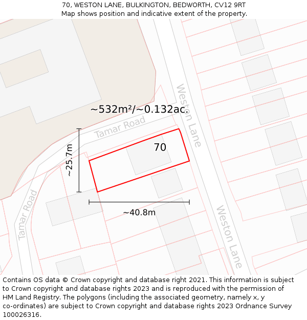 70, WESTON LANE, BULKINGTON, BEDWORTH, CV12 9RT: Plot and title map