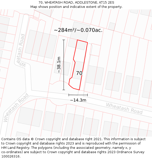 70, WHEATASH ROAD, ADDLESTONE, KT15 2ES: Plot and title map