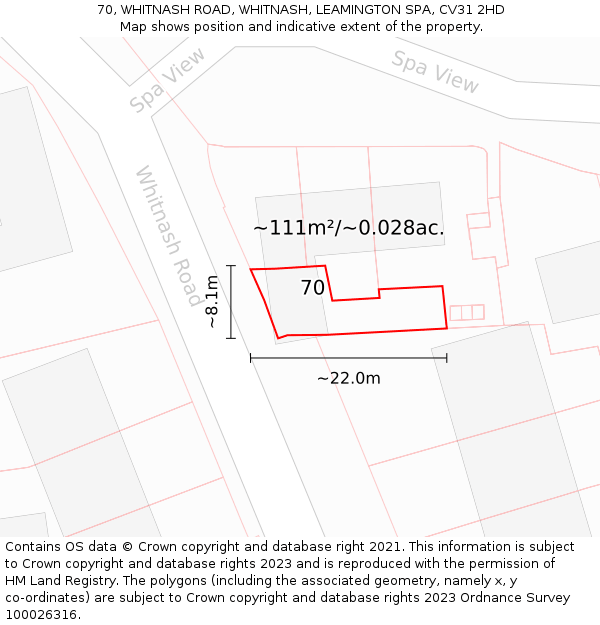 70, WHITNASH ROAD, WHITNASH, LEAMINGTON SPA, CV31 2HD: Plot and title map