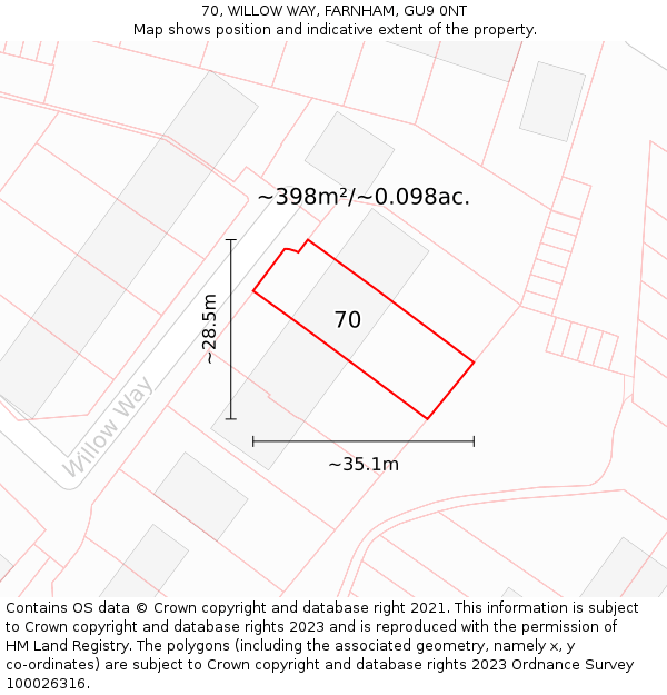 70, WILLOW WAY, FARNHAM, GU9 0NT: Plot and title map