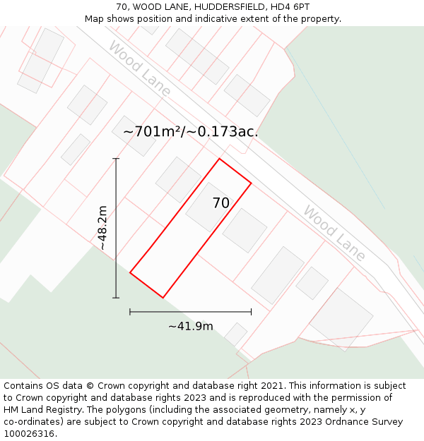 70, WOOD LANE, HUDDERSFIELD, HD4 6PT: Plot and title map