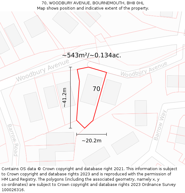 70, WOODBURY AVENUE, BOURNEMOUTH, BH8 0HL: Plot and title map