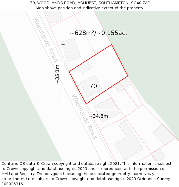 70, WOODLANDS ROAD, ASHURST, SOUTHAMPTON, SO40 7AF: Plot and title map