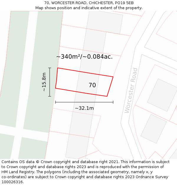 70, WORCESTER ROAD, CHICHESTER, PO19 5EB: Plot and title map