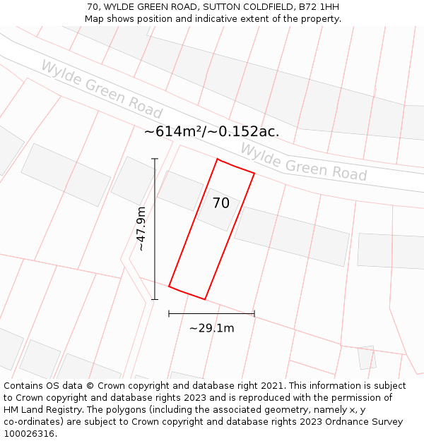70, WYLDE GREEN ROAD, SUTTON COLDFIELD, B72 1HH: Plot and title map