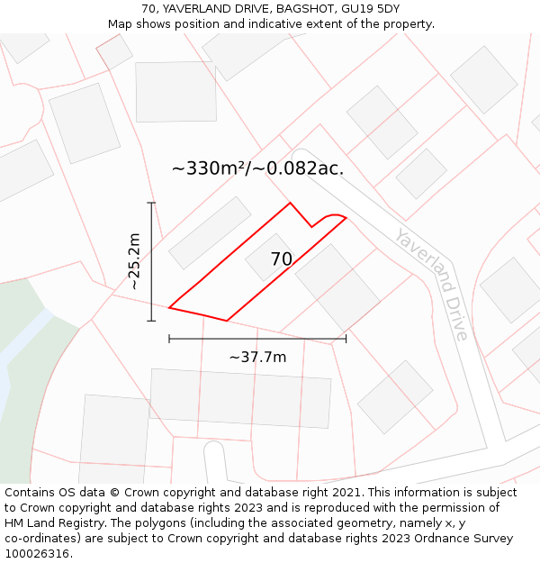 70, YAVERLAND DRIVE, BAGSHOT, GU19 5DY: Plot and title map