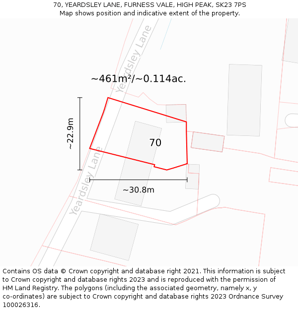 70, YEARDSLEY LANE, FURNESS VALE, HIGH PEAK, SK23 7PS: Plot and title map