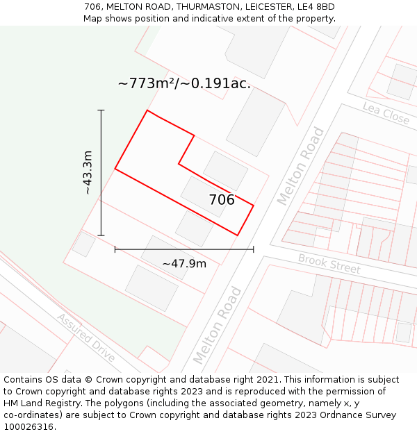 706, MELTON ROAD, THURMASTON, LEICESTER, LE4 8BD: Plot and title map