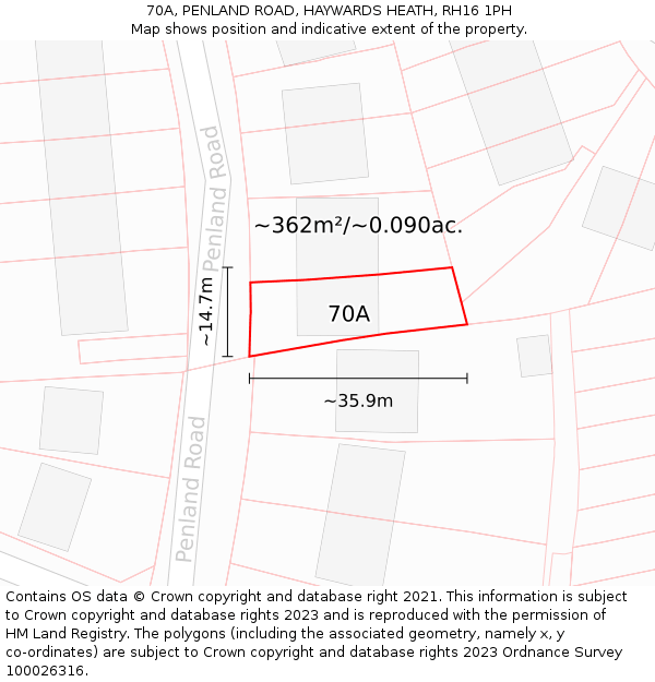 70A, PENLAND ROAD, HAYWARDS HEATH, RH16 1PH: Plot and title map