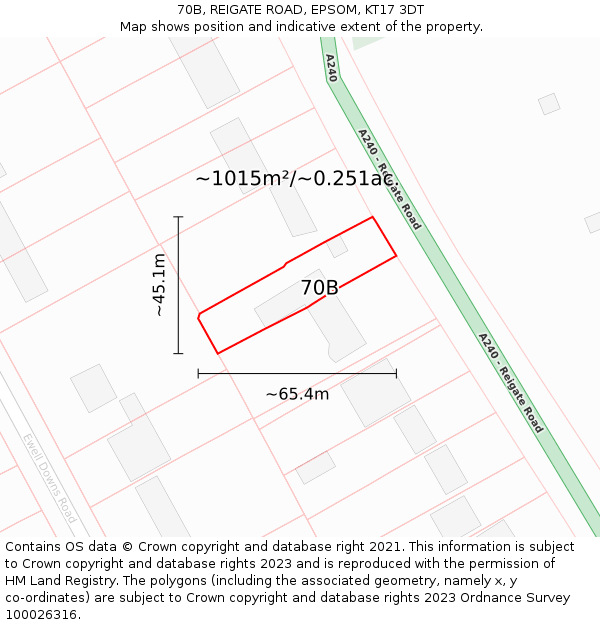 70B, REIGATE ROAD, EPSOM, KT17 3DT: Plot and title map