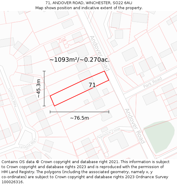 71, ANDOVER ROAD, WINCHESTER, SO22 6AU: Plot and title map