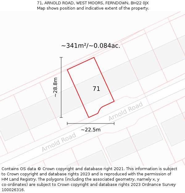 71, ARNOLD ROAD, WEST MOORS, FERNDOWN, BH22 0JX: Plot and title map