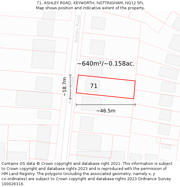 71, ASHLEY ROAD, KEYWORTH, NOTTINGHAM, NG12 5FL: Plot and title map