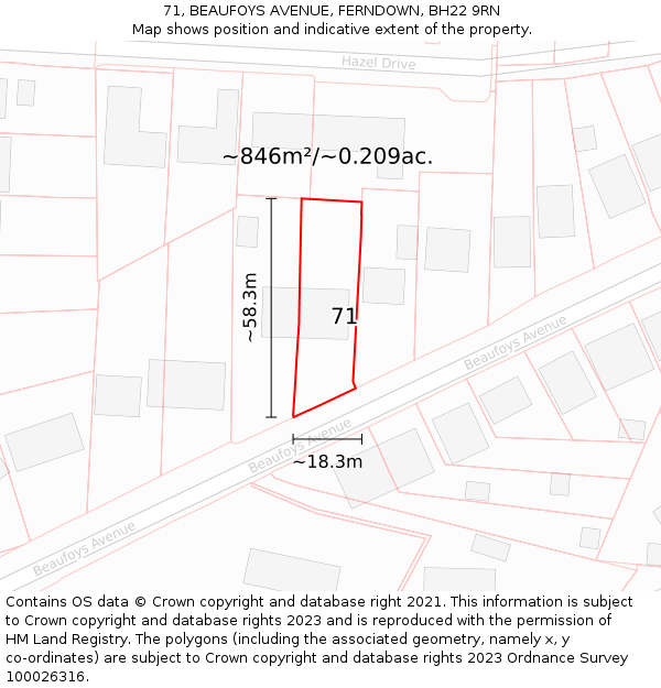 71, BEAUFOYS AVENUE, FERNDOWN, BH22 9RN: Plot and title map