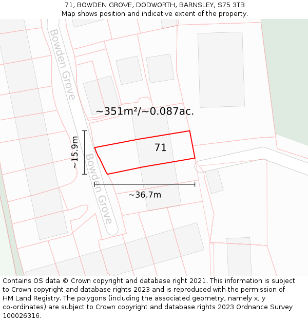 71, BOWDEN GROVE, DODWORTH, BARNSLEY, S75 3TB: Plot and title map