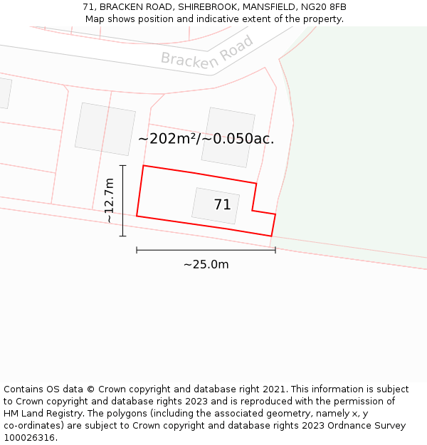 71, BRACKEN ROAD, SHIREBROOK, MANSFIELD, NG20 8FB: Plot and title map