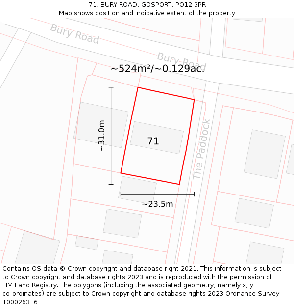 71, BURY ROAD, GOSPORT, PO12 3PR: Plot and title map