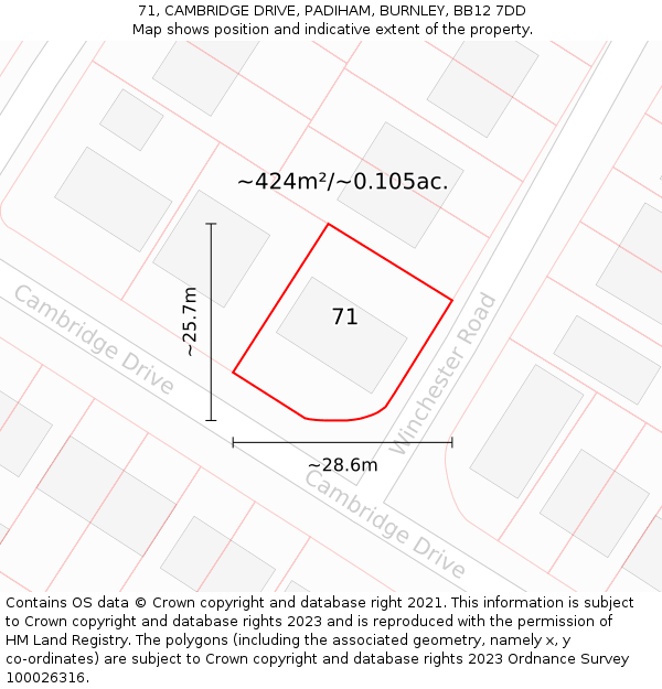 71, CAMBRIDGE DRIVE, PADIHAM, BURNLEY, BB12 7DD: Plot and title map