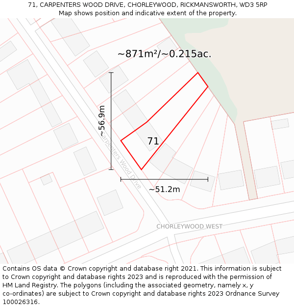 71, CARPENTERS WOOD DRIVE, CHORLEYWOOD, RICKMANSWORTH, WD3 5RP: Plot and title map