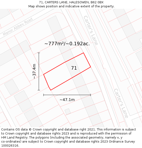 71, CARTERS LANE, HALESOWEN, B62 0BX: Plot and title map