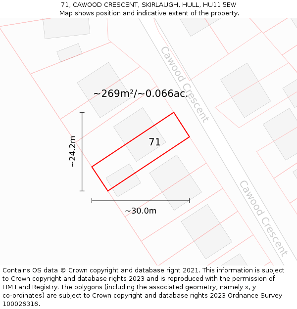 71, CAWOOD CRESCENT, SKIRLAUGH, HULL, HU11 5EW: Plot and title map