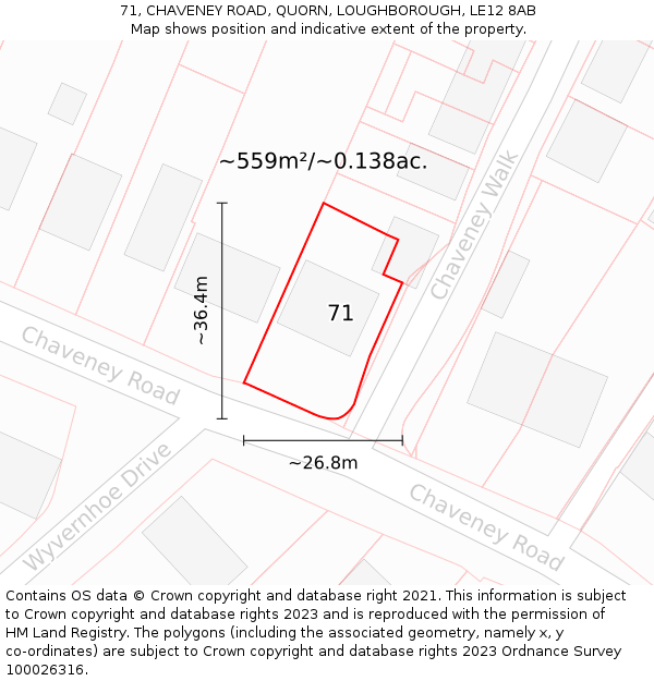 71, CHAVENEY ROAD, QUORN, LOUGHBOROUGH, LE12 8AB: Plot and title map