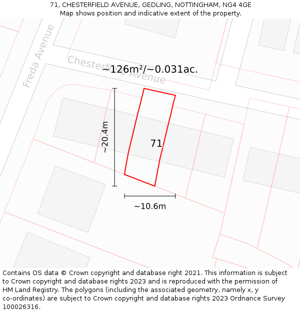 71, CHESTERFIELD AVENUE, GEDLING, NOTTINGHAM, NG4 4GE: Plot and title map