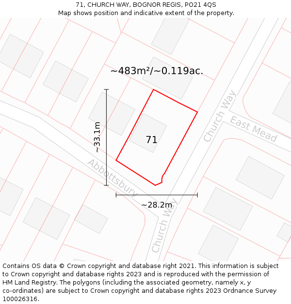 71, CHURCH WAY, BOGNOR REGIS, PO21 4QS: Plot and title map