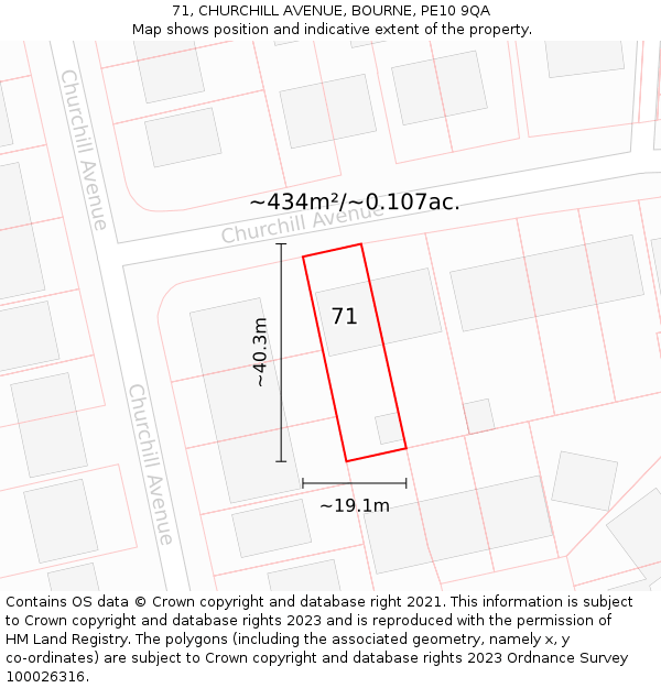 71, CHURCHILL AVENUE, BOURNE, PE10 9QA: Plot and title map