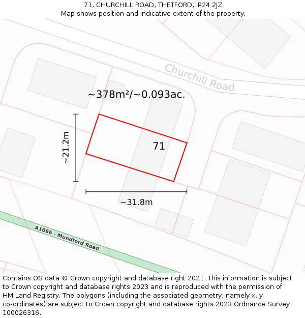 71, CHURCHILL ROAD, THETFORD, IP24 2JZ: Plot and title map