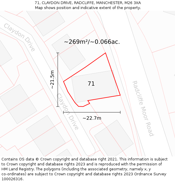 71, CLAYDON DRIVE, RADCLIFFE, MANCHESTER, M26 3XA: Plot and title map