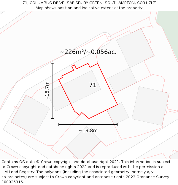 71, COLUMBUS DRIVE, SARISBURY GREEN, SOUTHAMPTON, SO31 7LZ: Plot and title map